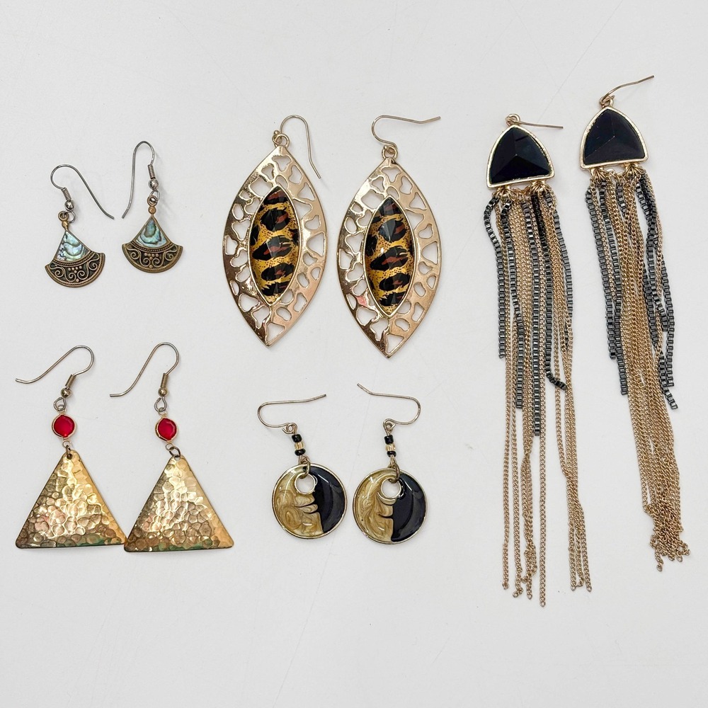 Lot of 5 Pairs Womens Dangle Earrings Gold Tone Leopard Tassel Abalone Boho Hook